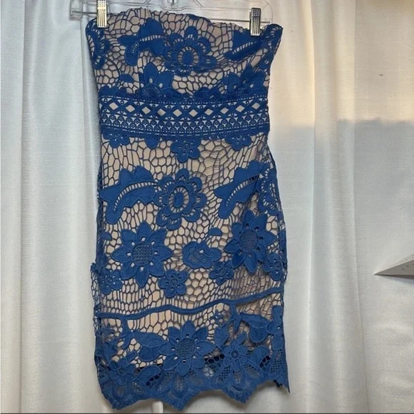 NWOT - Endless Rose - Blue & Nude Lace Strapless Mini Dress - Picture 4 of 9